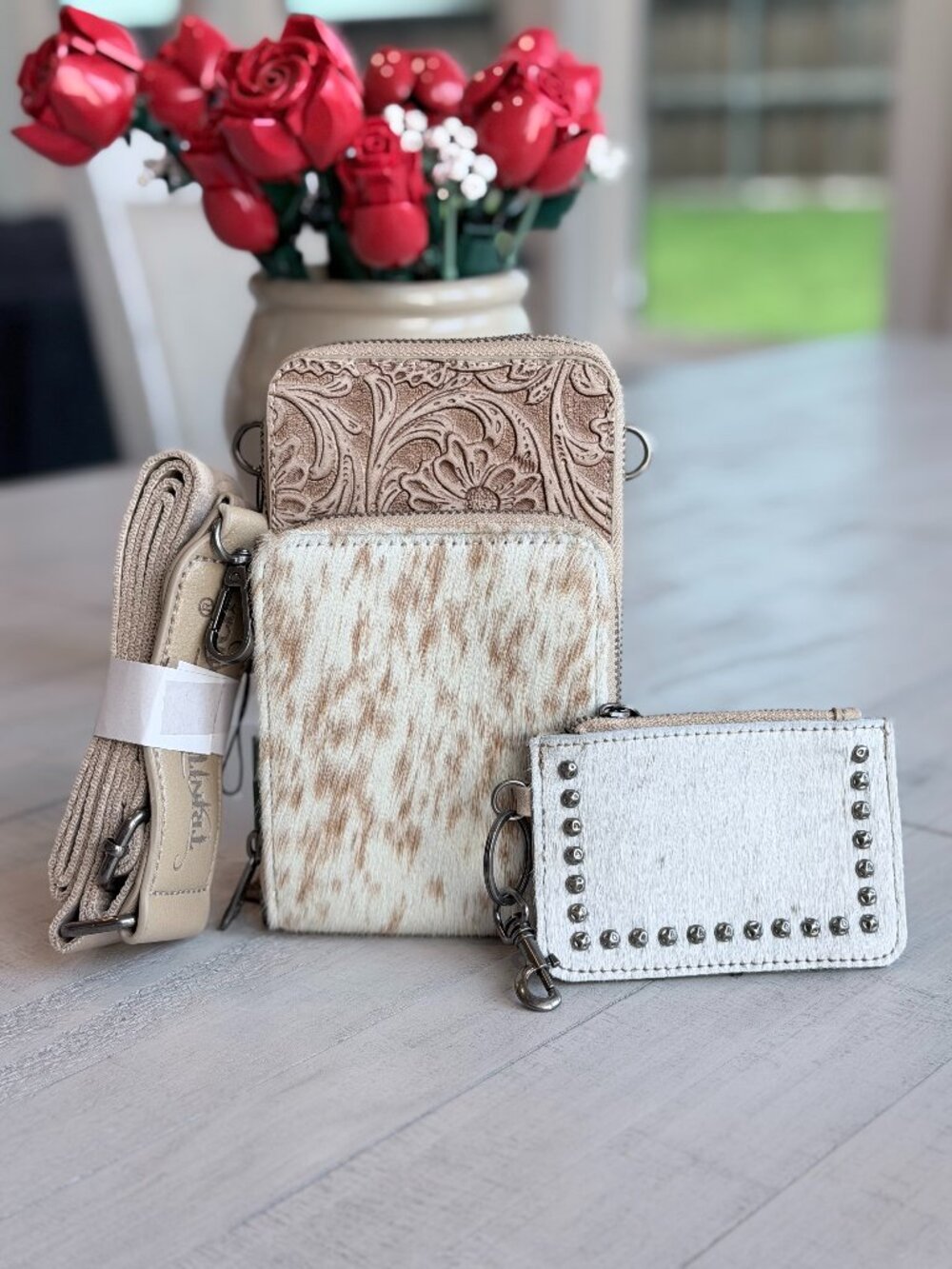 Trinity Ranch Genuine Hair-On Cowhide /Tooled Phone Purse w/ Coin Pouch Tan
